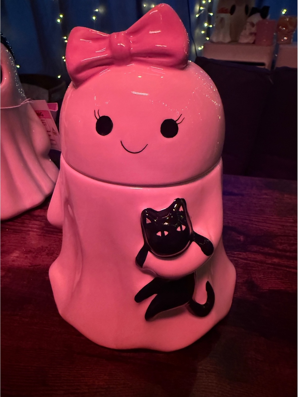 Pink Ghost Ceramic Container with Black Cat